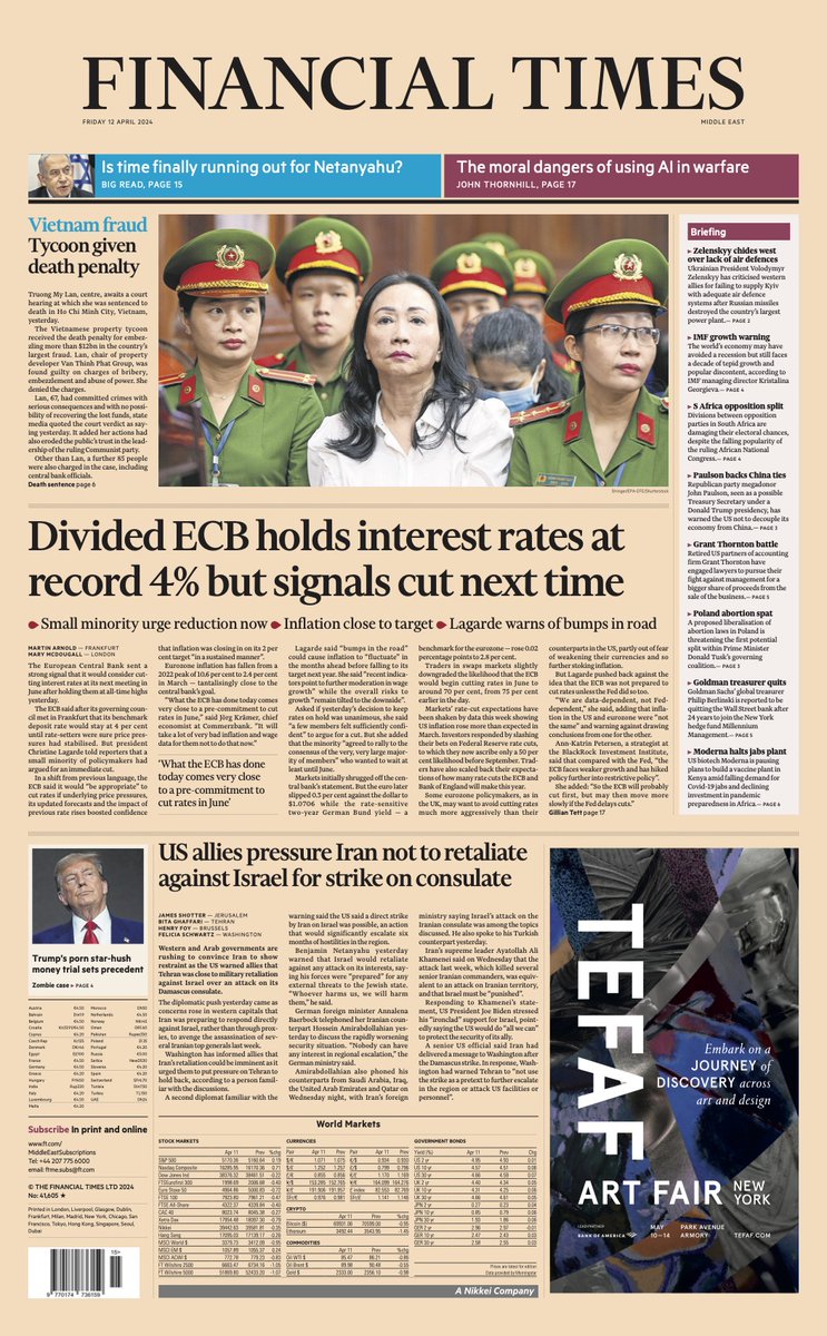 Just published: front page of the Financial Times, international edition, Friday 12 April on.ft.com/4aRbXjc