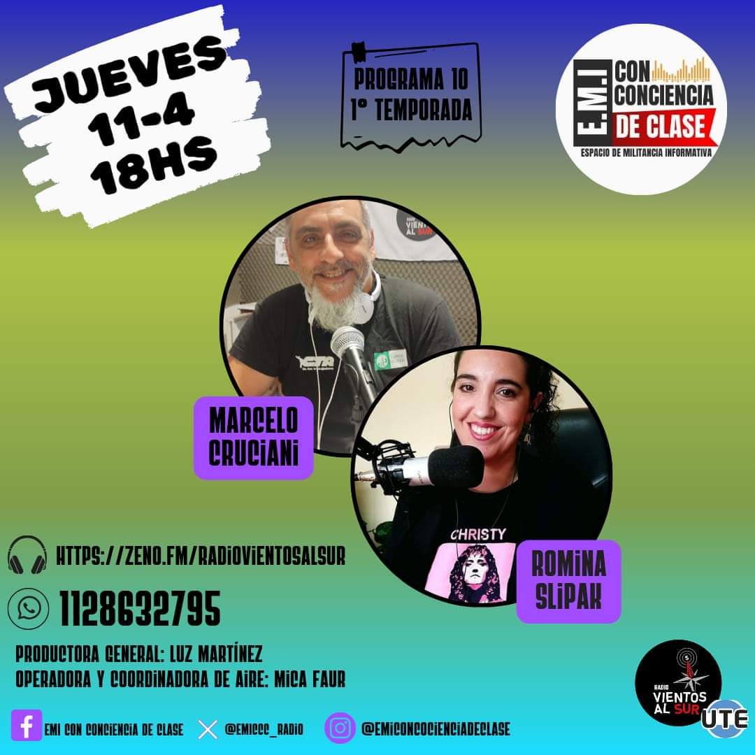 🖤 #Hoy, #jueves, desde las 18hs por @radiovientosalsur 📻
❤️Link para escucharnos en vivo 
zeno.fm/RadioVientosAl…
🧡#EMI #EspacioDeMilitanciaInformativa
🤍#ConConcienciaDeClase

#RadioEnVivo