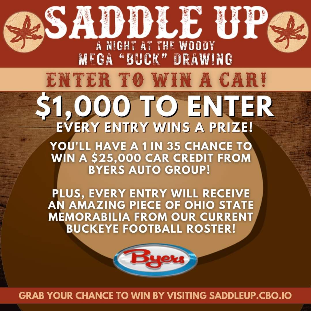 With a 1 in 35 chance, the Saddle Up Mega 'Buck' winner walks away with a $25,000 car credit from Byers Auto Group! Every entry wins a piece of OSU Memorabilia from the current Buckeye Roster! Mega-Buck Ticket: saddleup.cbo.io Saddle Up Link: universe.com/saddleup