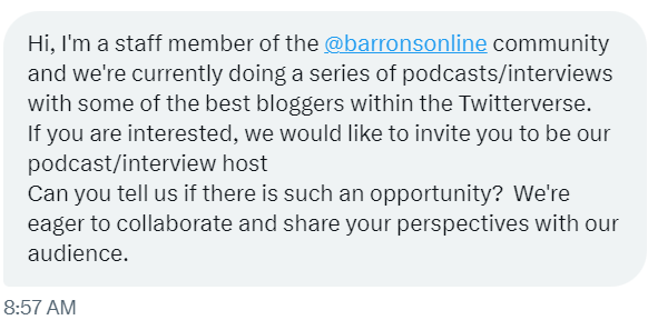 if it weren't for the fact that i got a few of these at around the same time - and the kind of failures of human communication in them - i would be exactly the sucker for this kind of cold call DM. Skynet becoming self-aware and targeting me, specifically, to be a podcast guy.