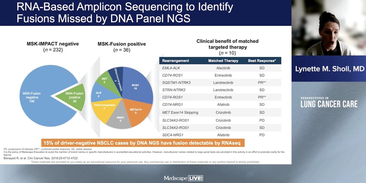 #PLCClive24 Dr. @lmsholl starts the 2024 Perspectives in Lung Cancer Care from @MedscapeLIVE with a great primer on biomarker testing. Reminds us that no test is perfect! Large intronic regions can make finding fusions challenging for some platforms. Advantage to using RNA!