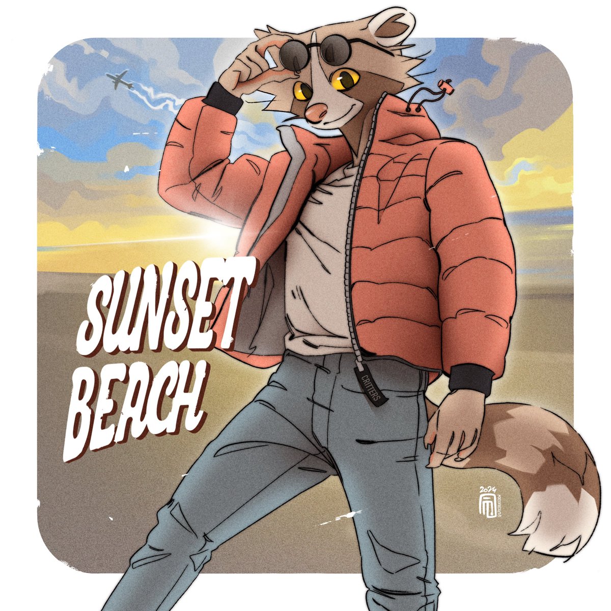 A raccoon at sunset beach. A postcard-worthy setting in a retro-chic ambiance for a moment of sweetness and nostalgia. 🌅✨ #illustration #raccoonart #furryart #raccoon #vintageart #retrostyle