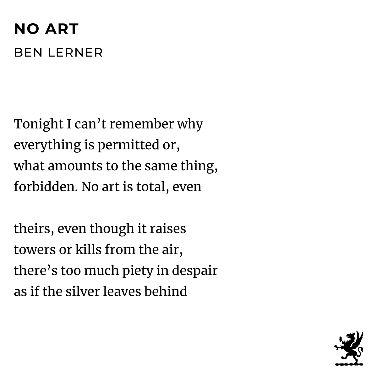 ✨Read Ben Lerner's poem, 'No Art,' excerpted from his #2024GriffinPoetryPrize longlisted collection, The Lights (@fsgbooks, and @GrantaBooks), on our website. griffinpoetryprize.com/poem/no-art-le…