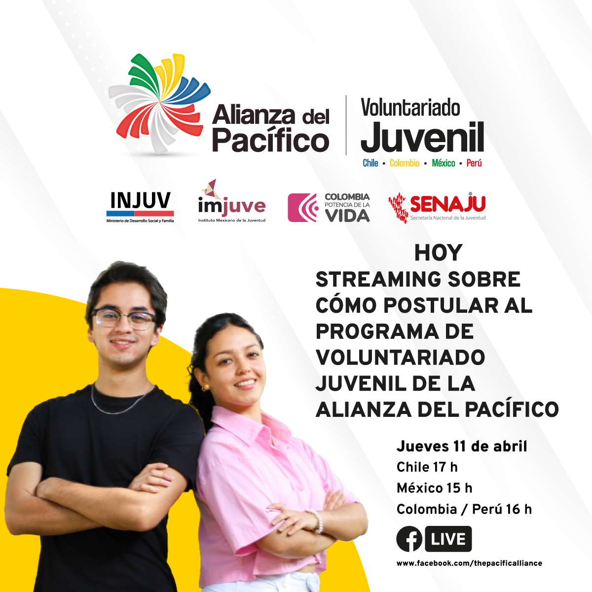 ✈️ ¿Quieres conocer todo sobre la convocatoria al Programa de Voluntariado Juvenil de la #AlianzaDelPacífico? No te pierdas la transmisión en vivo de hoy, donde podrás enterarte de los detalles del proceso de postulación. 🔴 facebook.com/thepacificalli…