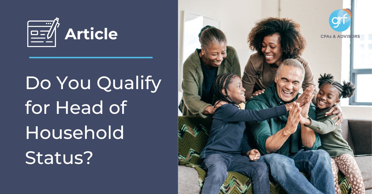 You might qualify for beneficial head of household (HOH) status on your federal income tax return if you are single, a divorced or legally separated parent, or support adult family members. 
grfcpa.com/resource/do-yo…
#grfcpa #accounting #cpa #tax #hoh