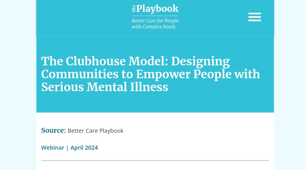 “PLAYBOOK TALKS THE CLUBHOUSE MODEL: DESIGNING COMMUNITIES TO EMPOWER PEOPLE WITH SERIOUS MENTAL ILLNESS” SYNOPSIS: Loneliness and isolation are pressing public health concerns across ... THU 04/18 at 2PM ET The World Wide Web, visit: chcs.zoom.us/webinar/regist… P.S. @BCPlaybook