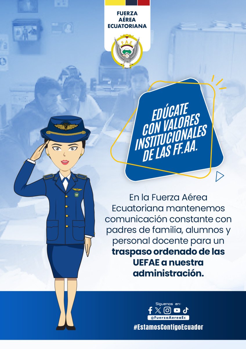 UEFAE3's tweet photo. EN LA FUERZA AÉREA ECUATORIANA MANTENEMOS COMUNICACIÓN CONSTANTE CON PADRES DE FAMILIA, CADETES, PERSONAL DOCENTE PARA UN TRASPASO ORDENADO DE LA UEF FAE Nro. 3 TAURA. https://t.co/CgS3AlTA5X