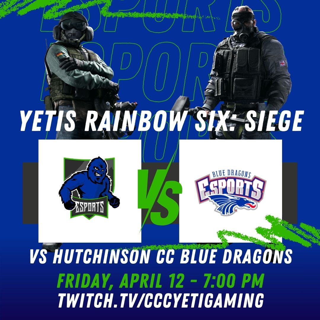 The Yetis esports Rainbow Six: Siege team will be taking on Hutchinson Community College in Hutchinson, KS, in their final game of the regular season this Friday at 7:00 PM. Watch live at twitch.tv/cccyetigaming.