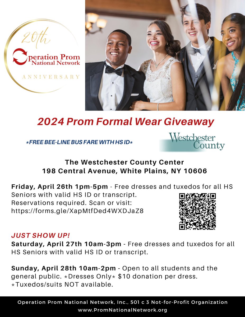 Westchester County is proud to partner with the Operation Prom Network for its annual Prom Dress and Tuxedo Giveaway at the County Center, Friday, April 26 - Sunday, April 28. Read more here: ow.ly/n7le50ReyXp
