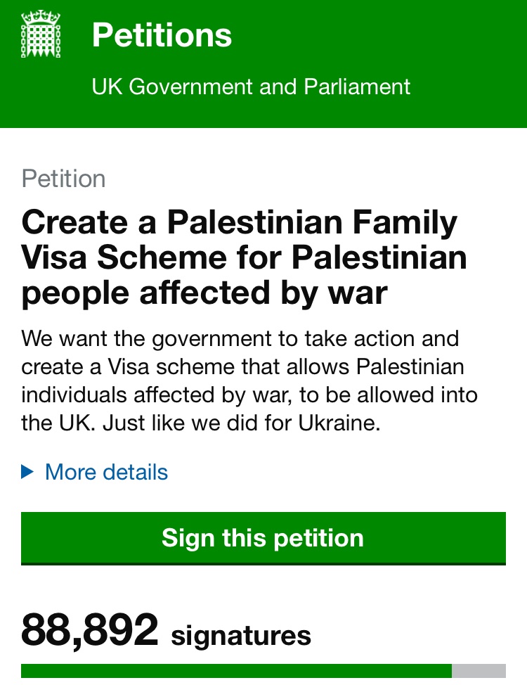 ⏳ One week to go until this petition closes! Can we get it to cross the 90k mark tonight? We know we can! ✍️ Sign + share to support calls for a Gaza Family Scheme that would reunite families & offer sanctuary until return is safe petition.parliament.uk/petitions/6485…