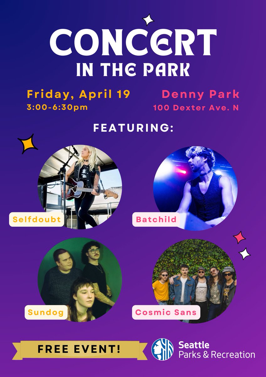 FREE! Concert in the Park at Denny Park on Friday, April 19 from 3 to 6:30pm.