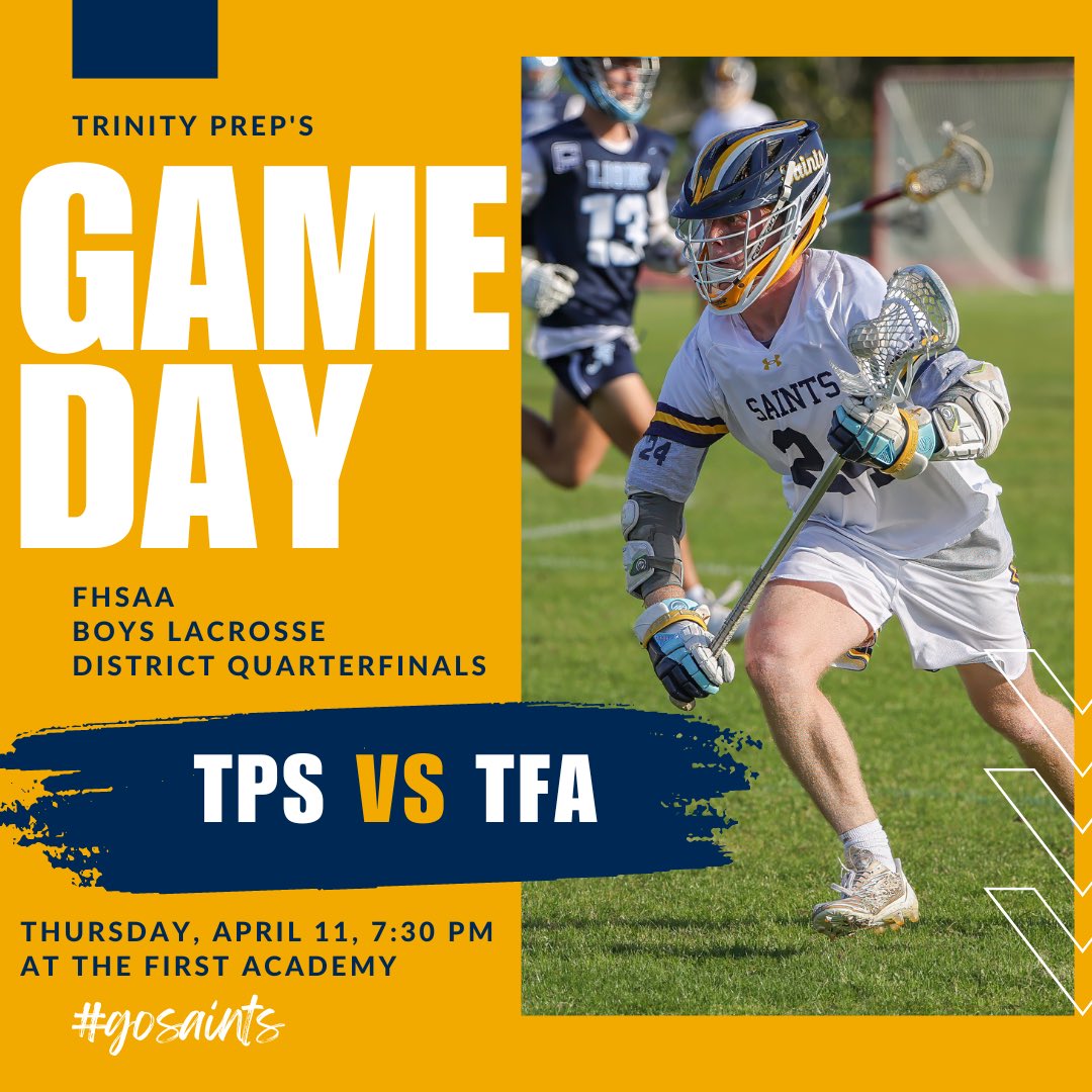 Best of luck to our Boys' Varsity Lacrosse team as they travel to TFA for their FHSAA District Quarterfinal game. #GoSaints