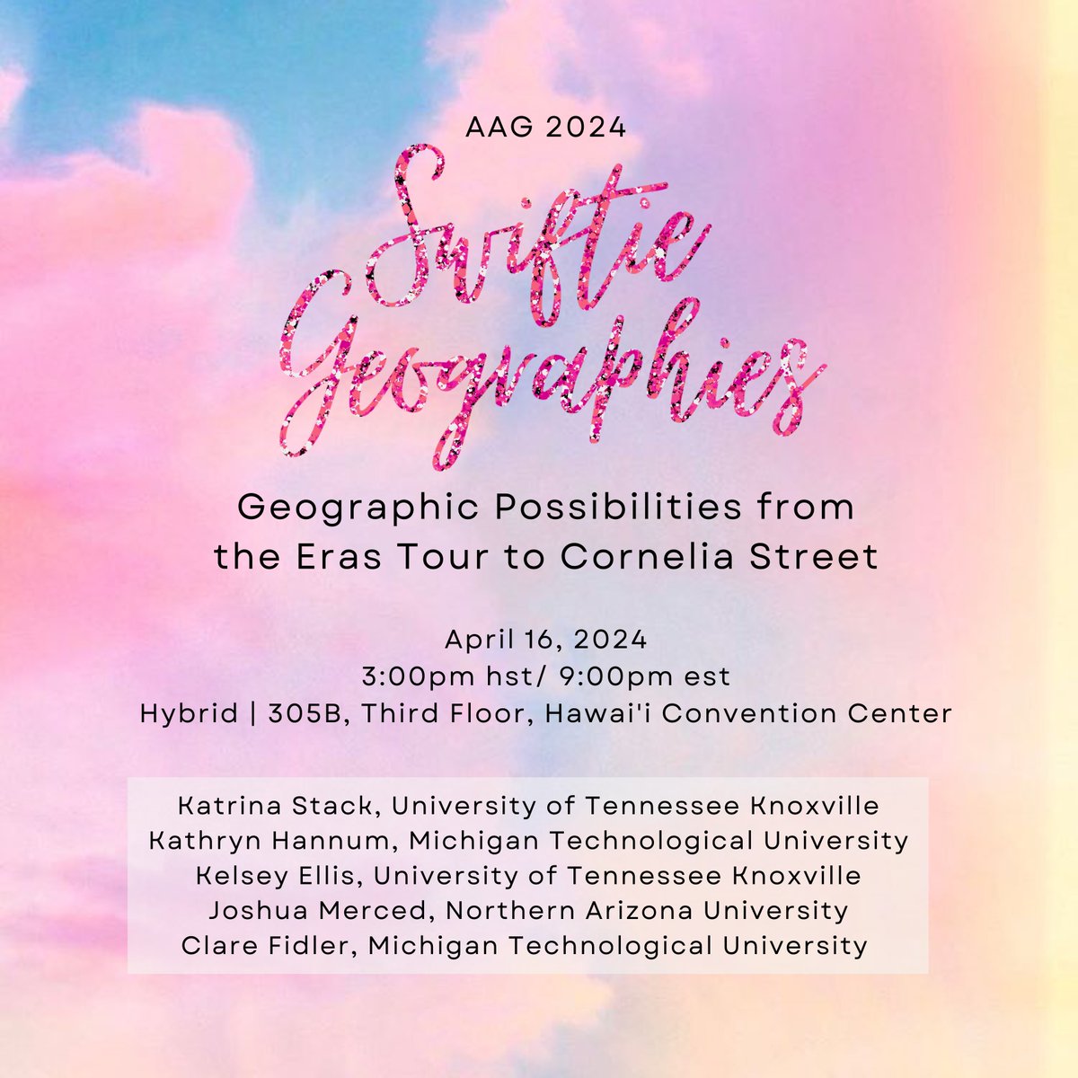 UTKGeography's tweet photo. Hey @taylorswift13, look what you made them do! Drop everything for “Swiftie Geographies: Geographic Possibilities from the Eras Tour to Cornelia Street,” an #AAG2024 panel co-organized by PhD candidate Katrina Stack and also includes Dr. Kelsey Ellis.💖🎤 https://t.co/HIswC8Ni0m