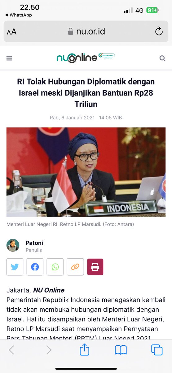 Propaganda dan klaim sepihak dari media Israel seperti ini, telah kembali secara terbuka dibantah tegas oleh @Menlu_RI, Retno Marsudi, pihak yang paling berkewenangan suarakan sikap Indonesia terkait issu2 luar negeri. Terimakasih Ibu Menlu. Selamat berhari raya Idulfithri🙏🙏.