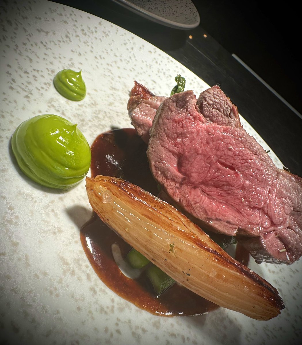 Roast irish rump of lamb, Armagh asparagus, roast shallot, mint emulsion, rosemary jus. #proper