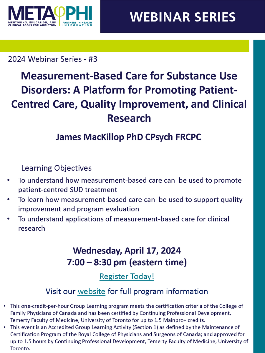 Measurement-based care (MBC) describes the practice of using standardized measures to support clinical decision-making and monitor treatment progress. How does it translate to improving care for people with substance use disorders? Find out,register here metaphi.ca/events/webinar…