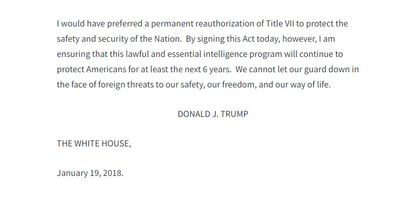 Trump & Speaker Johnson expected to announce plan to renew FISA Section 702 tomorrow, with a change requiring reauthorization every 2 years instead of every 5 years … timely reminder that in 2018, Trump said he wanted eliminate reauthorizations entirely, making the statute…