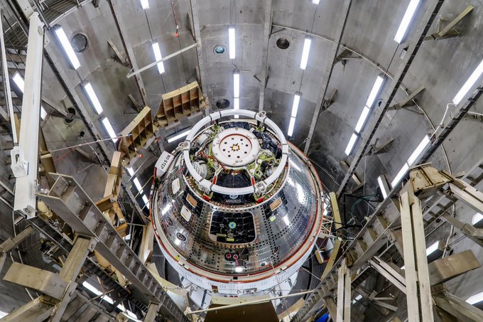 The Artemis II Orion spacecraft sits inside the west altitude chamber in the Operations and Checkout Building at NASA's Kennedy Space Center.