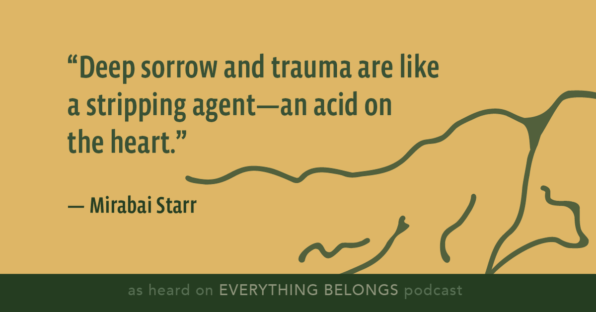 “Deep sorrow and trauma are like a stripping agent—an acid on the heart. They take away the coverings. We are invited to melt into a much more direct and intimate proximity to the reality of love.” —@MirabaiStarr. Learn more in #EverythingBelongs tinyurl.com/39m6mrmb
