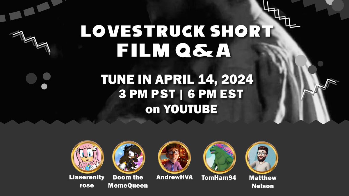 SURPRISE! Tune in this Sunday on my YT Channel as @doom_the_meme & I will be doing a Q&A with three people who worked on the Lovestruck Short Film: @HvaAndrew, TomHam94 & Matthew Nelson! Hope to see you all there! YT Link: youtube.com/watch?v=r_b_c7…