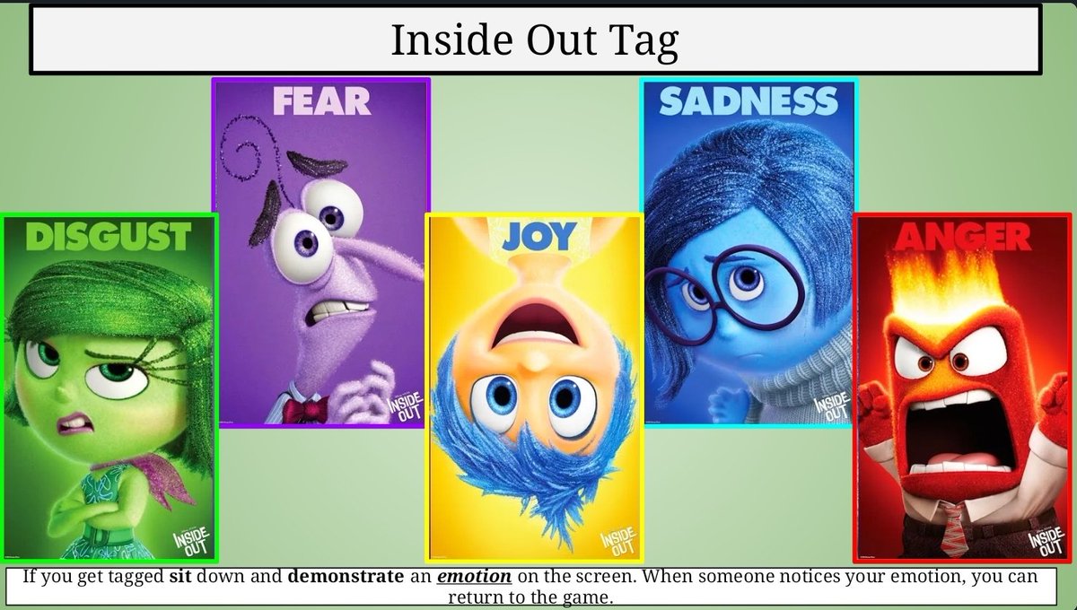I'm sure someone has used this movie for a tag game. If not, make time for meaningful conversations about showing, sharing, and recognizing emotions. Being ok with not being ok is a great place to start. #concsiousdiscipline  #meaningfulpe #sel #physed #elements