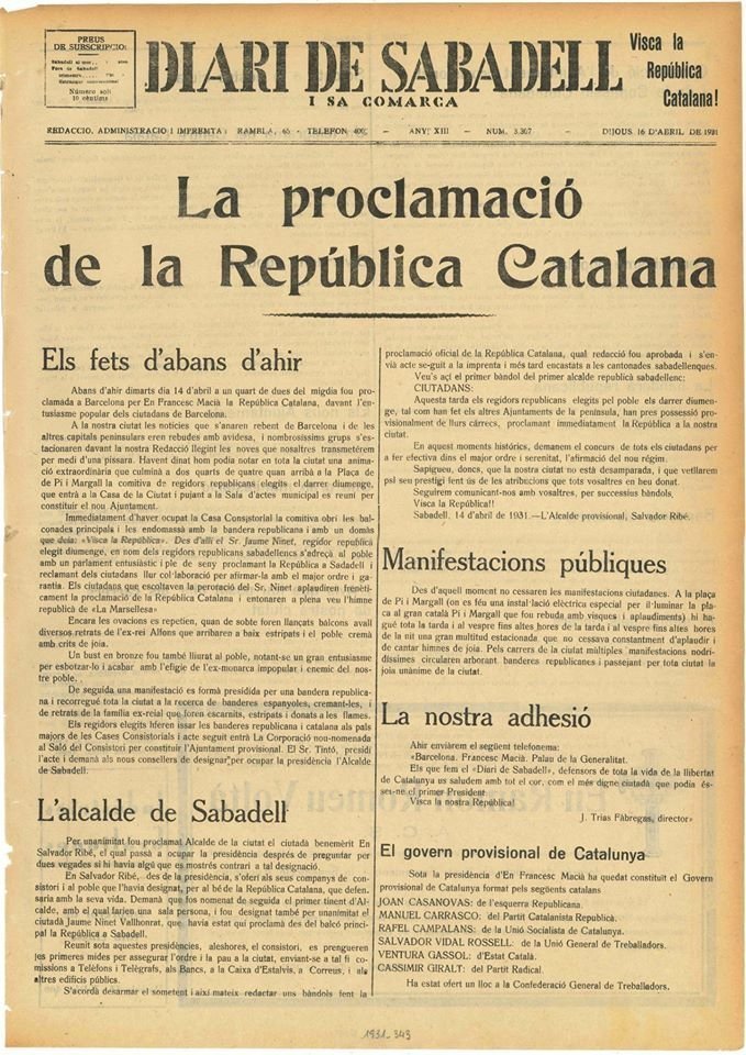 Diari de Sabadell, 16 d'abril de 1931. On explica els fets ocorreguts a la ciutat el 14 d'abril amb la proclamació de la República.