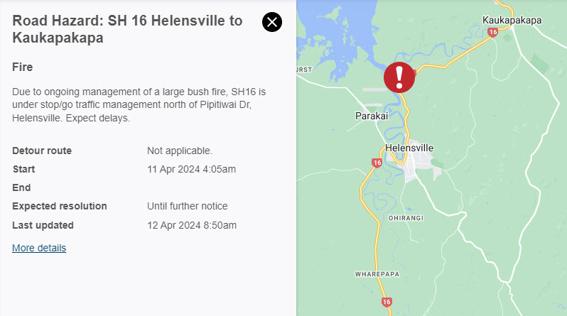 SH16 HELENSVILLE - UPDATE 8:55AM To enable ongoing management of a large bush fire, #SH16 is now under stop/go traffic management north of Pipitiwai Dr, between Helensville and Kaukapakapa. Expect delays: spr.ly/6010wUZYO ^TP