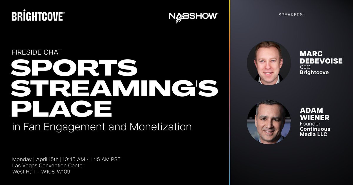 Don't miss this Fireside Chat at the <a href="/NABShow/">NAB Show</a> Streaming Summit. Join Brightcove CEO <a href="/mdebevoise/">Marc DeBevoise</a> &amp; <a href="/AdamWiener/">Adam Wiener</a> as they explore how #sports companies can leverage #streaming to reach beyond the arena, build loyal fans and boost revenue. Learn more: bit.ly/3xn2Jg9 #NABShow