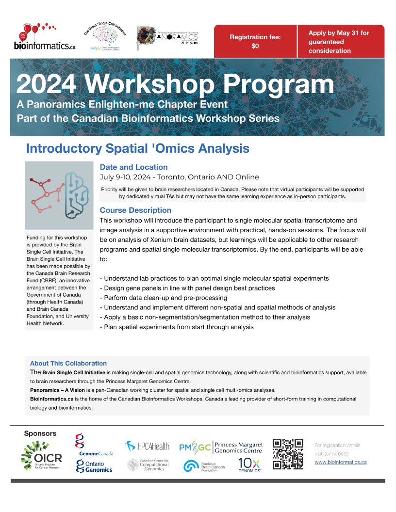 NEW FROM CBW: Introductory Spatial 'Omics Analysis 🧬🧠 Announcing a brand-new workshop offered in collaboration with @PanoramicsAV and the Brain Single Cell Initiative! - July 9-10 - Toronto AND online - $0 registration (yes, really!) More info: bioinformatics.ca/workshops-all/…