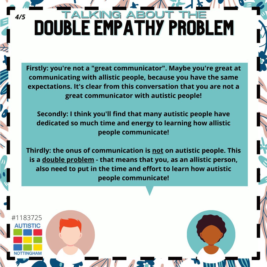 Laura McConnell (@laurafmcconnell) on Twitter photo #AutismAwarenessMonth
One of the most damaging & discredited slurs on the Autistic community is that we have no empathy.
Empathy is a 2 way relationship & <a href="/milton_damian/">Damian Milton</a>’s Double Empathy Problem describes this well & this cartoon summarises it (see below for final slide) #AutismAwarenessMonth
One of the most damaging & discredited slurs on the Autistic community is that we have no empathy.
Empathy is a 2 way relationship & <a href="/milton_damian/">Damian Milton</a>’s Double Empathy Problem describes this well & this cartoon summarises it (see below for final slide)