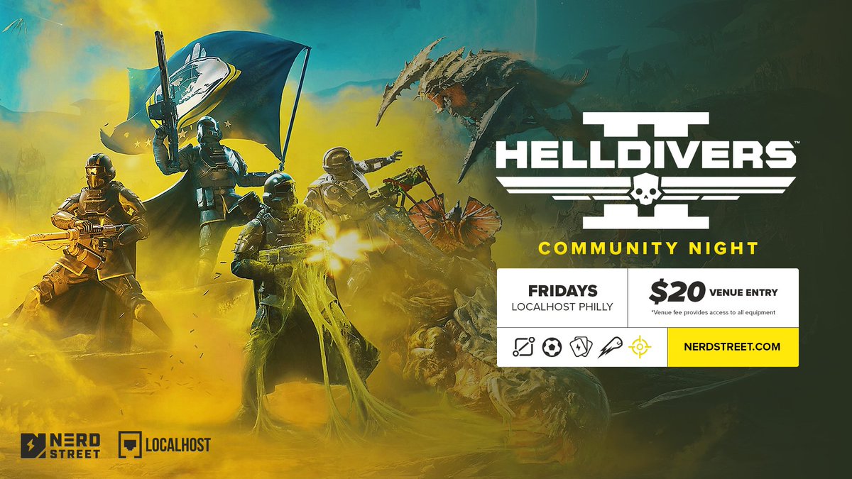 Starting April 26th @LocalhostPhilly come out to defend Super Earth @helldivers2 Come meet new Helldivers in person and help liberate the galaxy. Venue fee covers 4 hours of gameplay that can rollover week to week.