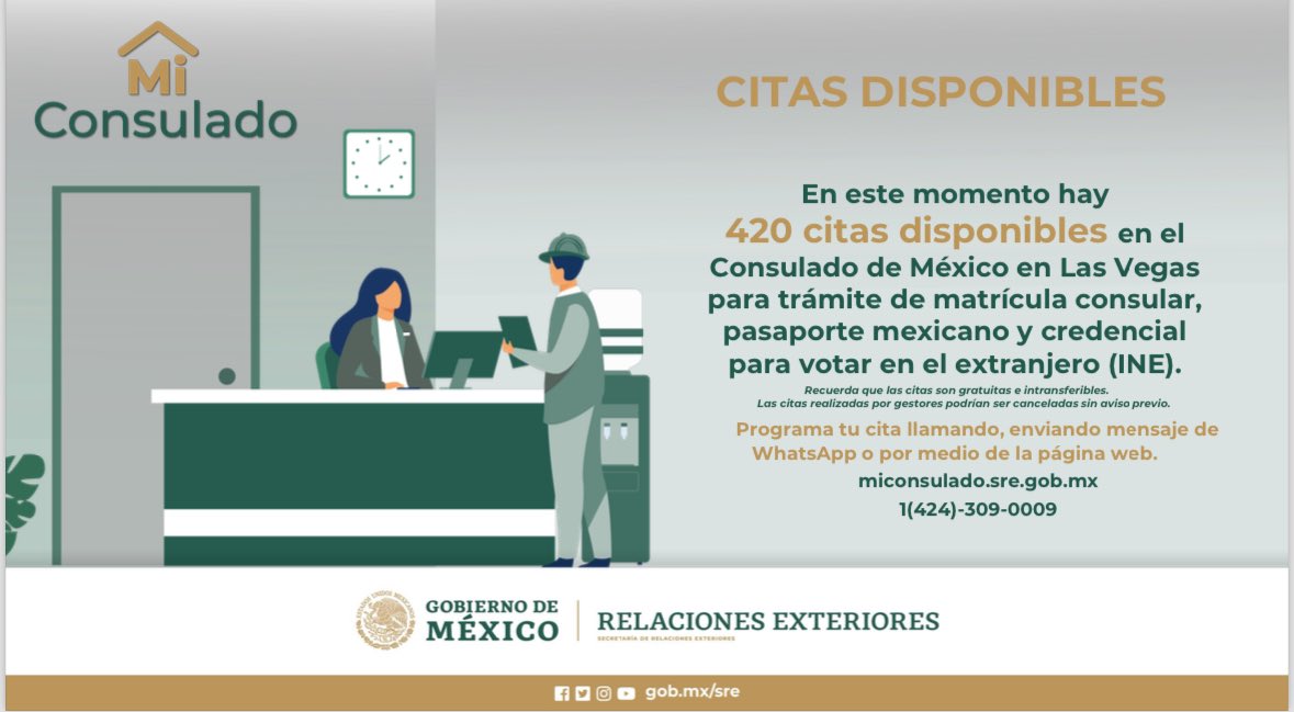 🚨🚨🚨 ATENCIÓN 🚨🚨🚨 Les informamos que ya se encuentran abiertas 420 citas para servicios consulares durante la semana del 22 al 26 de abril de 2024. Haz tu cita llamando o enviando un mensaje por WhatsApp al teléfono 424 309 0009 o en citas.sre.gob.mx