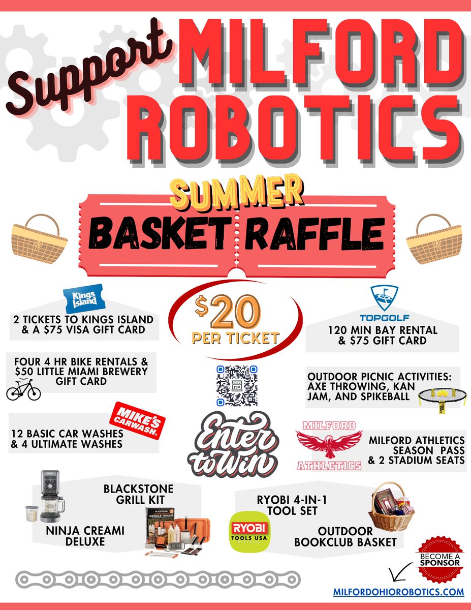 Please support Milford Robotics! One $20 ticket gets your name in each of the 10 baskets. See more details and even pay online at:

milfordohiorobotics.com/fundraising/ba…