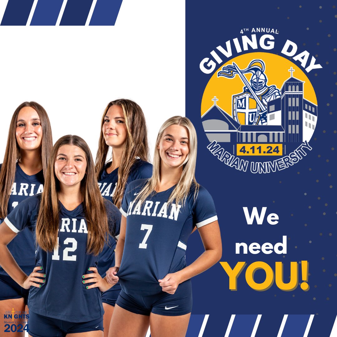 4️⃣ HOURS REMAINING‼️ Please help by designating your gift to VOLLEYBALL and continue to impact our student-athlete experience on and off the court! 

givecampus.com/schools/Marian…

#dayfortheknights2024 #knightsgiveback #donatetoday #marianvolleyball #goknights #marianuniversity