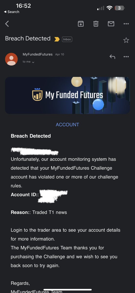 My live account @MyFundedFutures was breached and disabled for this successful trade during CPI.  It clearly follows their news rule of not opening or closing trades 2 minutes before or after T1 news. I have not been able to get in touch with their support.