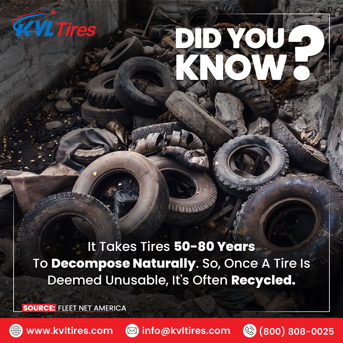 Used tires can be recycled into tons of cool stuff, from swing sets to running tracks. ♻️ If you need help finding a home for your old tires, reach out to KVL Tires we'd be glad to help!
#kvltires #didyouknow #recycle #oldtires #usedtires #reuse #automobile #truckersusa