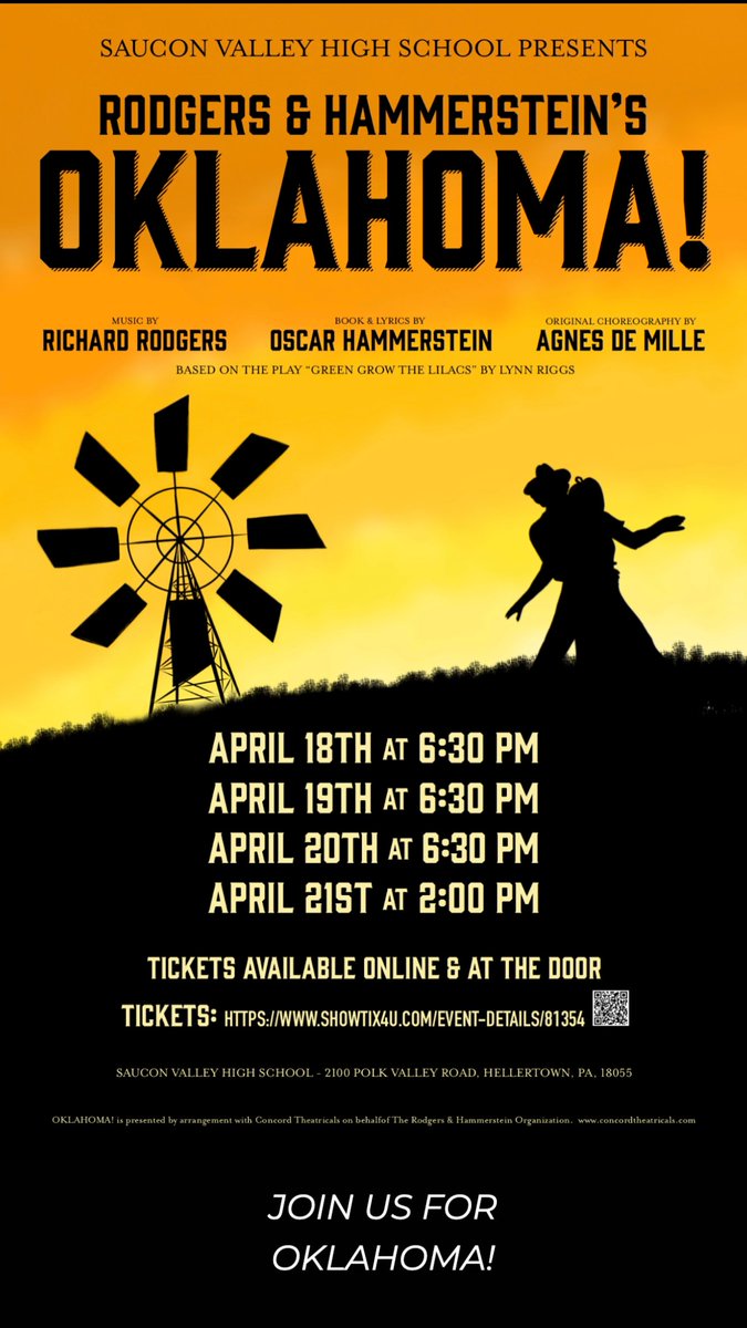 It's one week until opening night! Join us for Saucon Valley's Production of Oklahoma! April 18-21. Tickets: showtix4u.com/event-details/… #SVPanthers