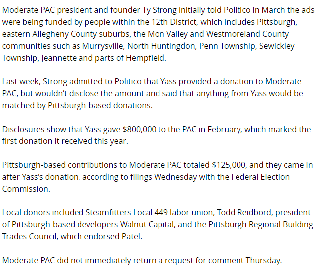 Moderate PAC initially said that the ads targeting @SummerForPA where funded by labor unions and concerned community members within PA-12. It turns out they only made up a small fraction (13%) with the rest coming from GOP billionaire Jeffrey Yass. The lies never end.