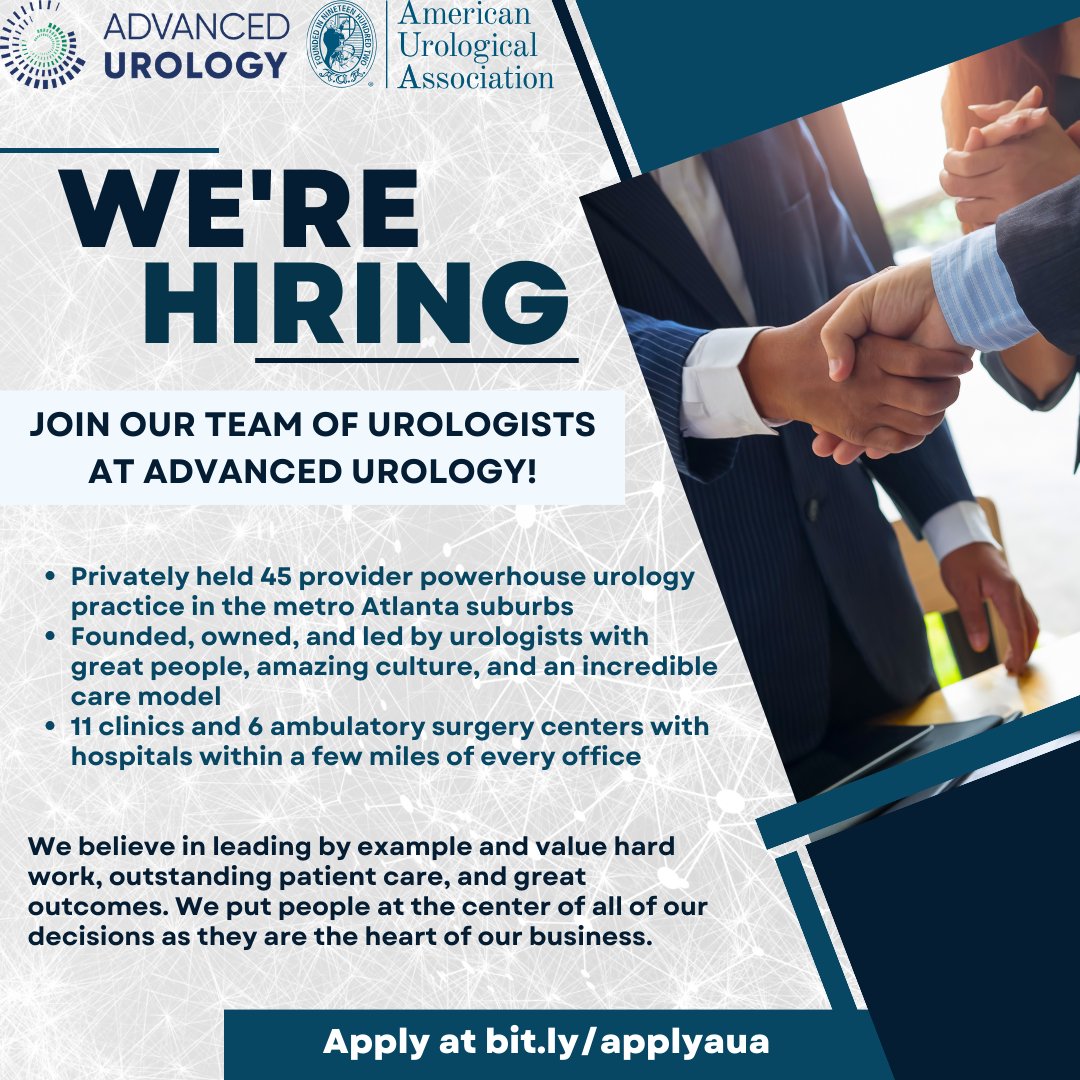 Attention Urologists!! The privately held 45 provider powerhouse urology practice in Atlanta, GA is hiring! If you are looking for a practice that is founded, owned, and led by urologists... Advanced Urology is the place for you!

#AUA24 #Urology #AUA #SanAntonio #AUA2024
