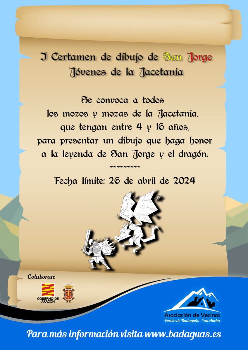 📣¡Atención! ¿Te gusta dibujar?.¡Toma nota! Llega el I CERTAMEN DE DIBUJO DE SAN JORGE - Jóvenes de la Jacetania, con la colaboración del @aytojaca y el @GobAragon .
👉Consulta las bases en badaguas.es
➡️Inscríbete y participa!
🍀¡Suerte!

#SanJorge #asociacionvecinos