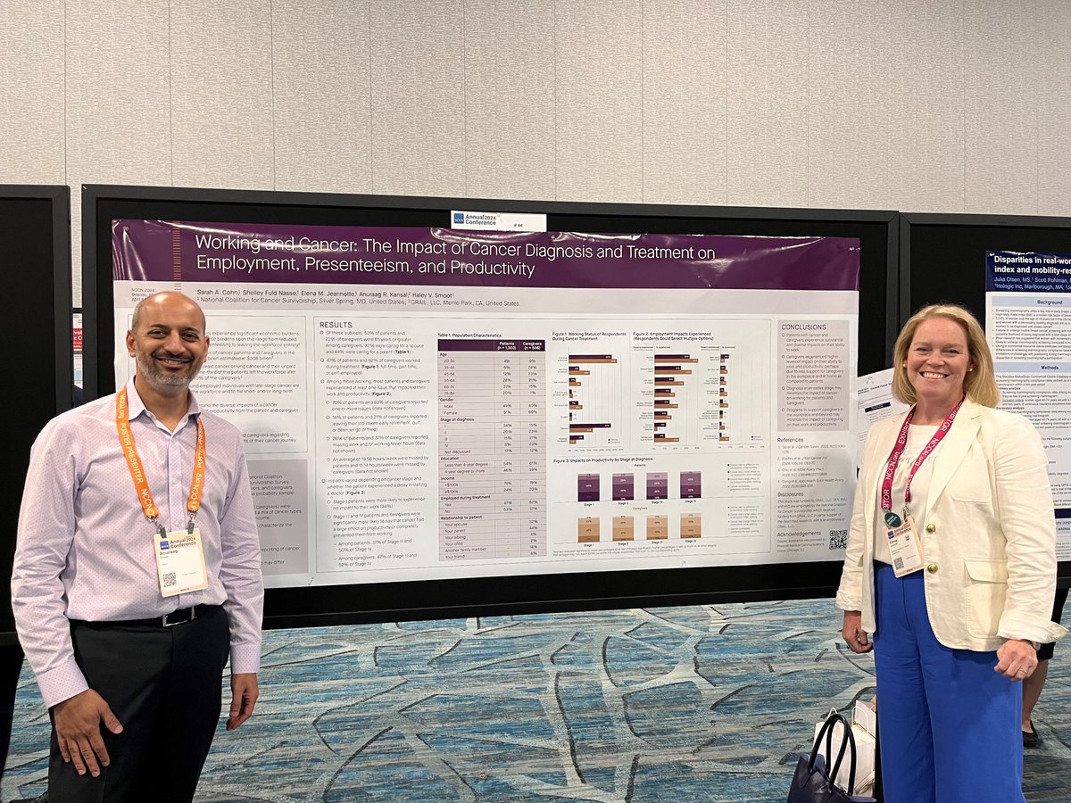 NCCS's Elena Jeannotte and @GrailBio's Anuraag Kansal attended the NCCN Annual Meeting and presented their poster about the impacts of a cancer diagnosis on patients and caregivers based on insights from our annual State of Survivorship Survey. Learn more: canceradvocacy.org/state-of-survi…
