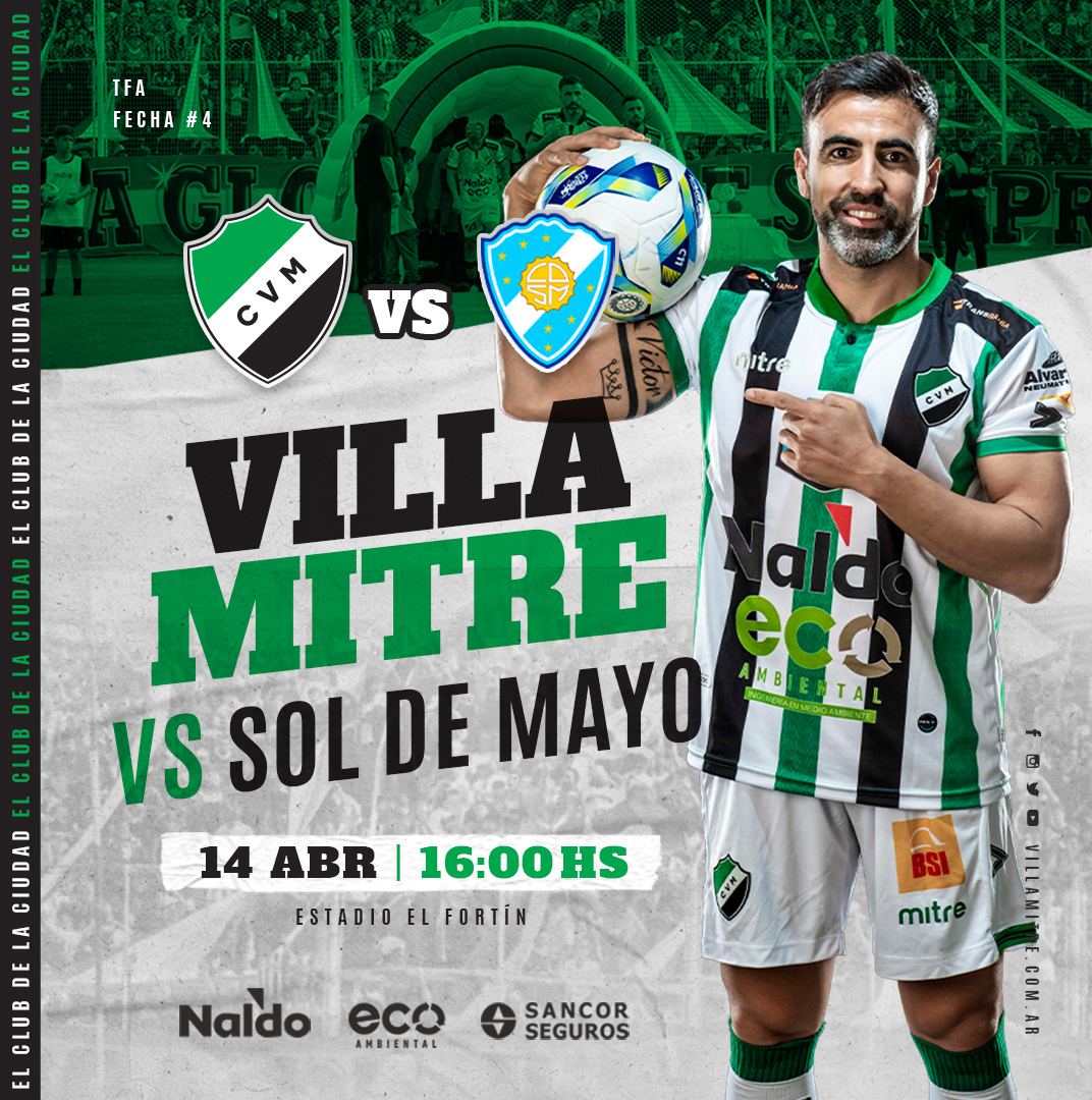 #Fútbol | ⚽️ #TFA
🔜  Domingo de cancha... 😉👌🏻
Recibimos a Sol de Mayo en El Fortín.

📆 Fecha #4 | TFA
🆚 Sol de Mayo
📌 Domingo 14/04
⏰ 16.00 Hs
🏟 El Fortín
👤 Cristian Rubiano
📺 bit.ly/StreamingCVM

¡Vamos La Villa!

#ElClubDeLaCiudad 🇦🇪