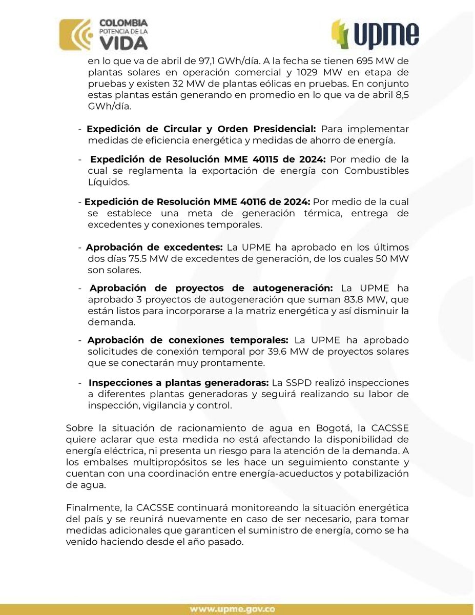 UPMEOficial's tweet photo. #ATENCIÓN | "Sobre la situación de racionamiento de agua en Bogotá, la CACSSE quiere aclarar que esta medida no está afectando la disponibilidad de energía eléctrica, ni presenta un riesgo para la atención de la demanda"⚡️

Comunicado completo de CACSSE 👉 https://t.co/cPjq8VRyed https://t.co/pAGkW7cVHF