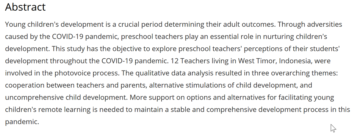 🚨 New article alert 🚨

'How do preschool teachers perceive students’ development in difficult times? A photovoice study'

Indra Y. Kiling, Daniela L. A. Boeky, Putri A. Rihi Tugu, Beatriks N. Bunga &amp; Elga Andriana

doi.org/10.1177/003452…