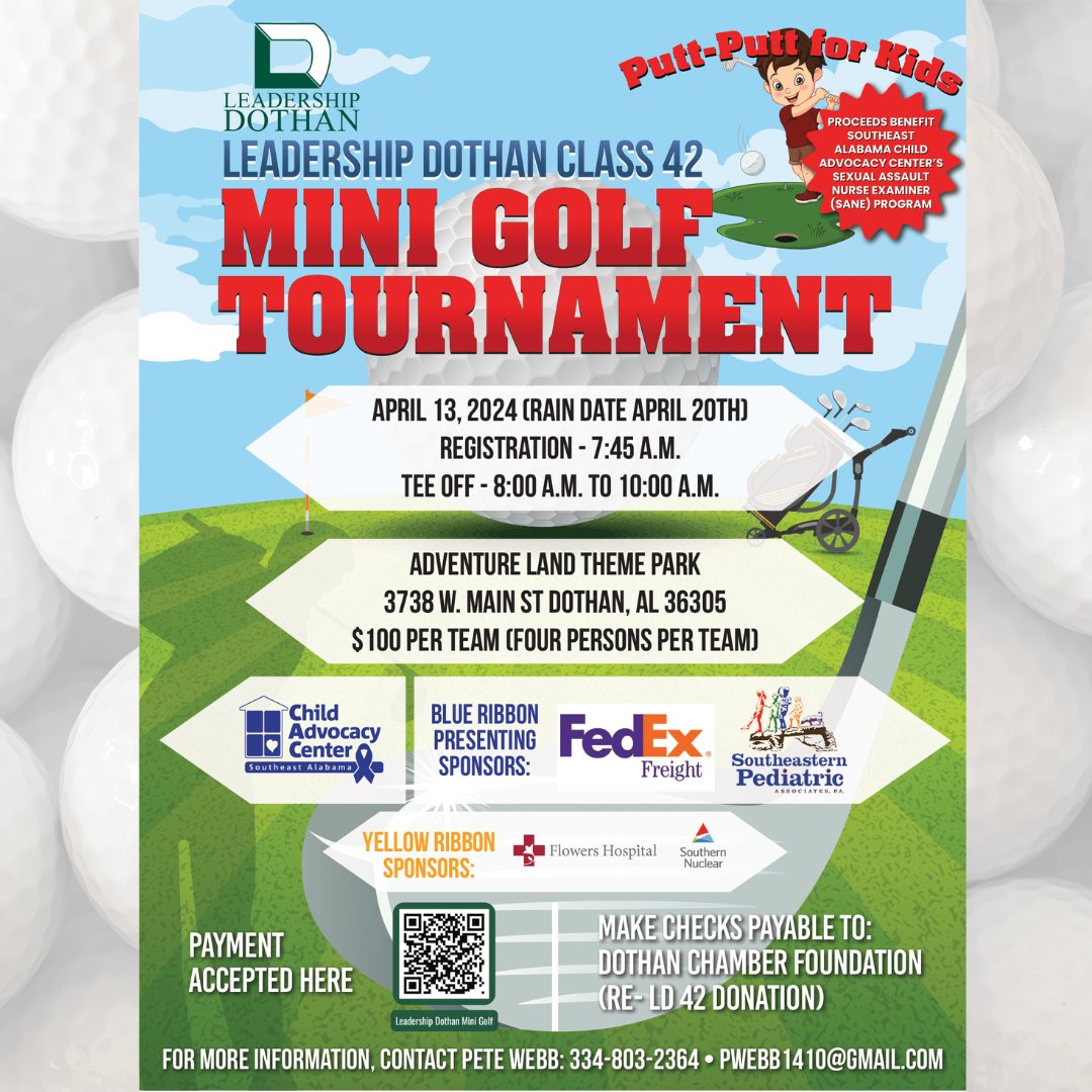 DothanAreaChamb's tweet photo. Join us this Saturday for a fun-filled morning at AdventureLand Theme Park for Leadership Dothan's Class 42 Mini Golf Tournament!  Scan the QR code in the image below and register your team! #LeadershipDothan #Class42 #MiniGolfTournament https://t.co/7sM3XKDCR9