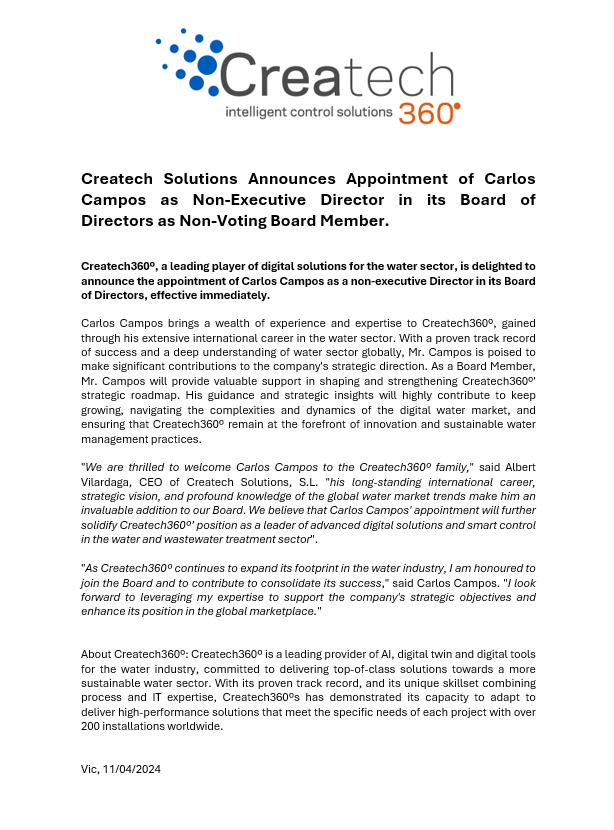 <a href="/CREAtech360/">CREAtech360°</a>  Announces Appointment of Carlos Campos as Non Executive Director in its Board of Directors as Non-Executive Board Member.