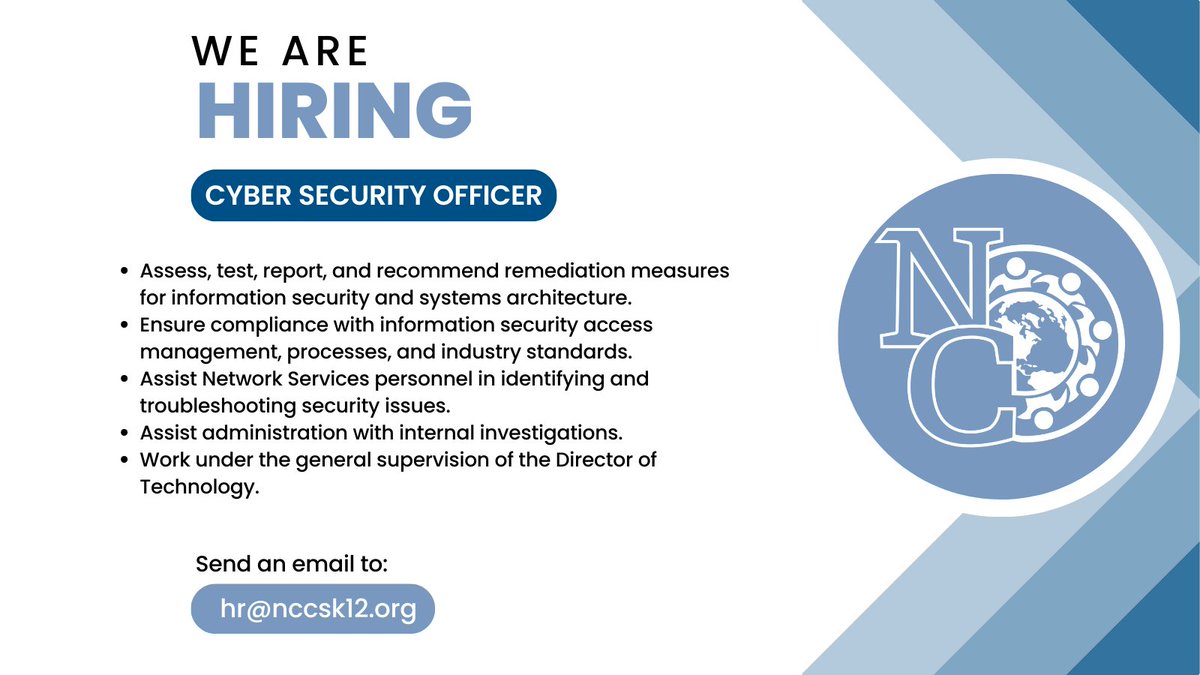 Join the North Colonie family! We are looking to hire a Cyber Security Officer for the district. Please email hr@nccsk12.org to apply or to learn more about the position!