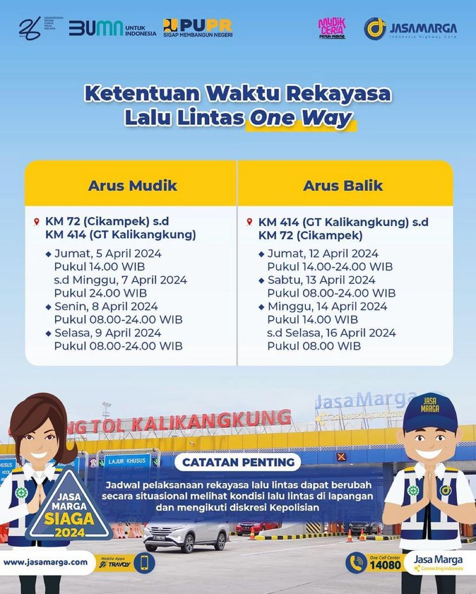PTJASAMARGA's tweet photo. Jadwal Ketentuan dan Waktu Pelaksanaan Rekayasa Lalu Lintas Selama Masa Mudik-Balik Lebaran Tahun 2024/1445H. https://t.co/jr0ynxMpcF