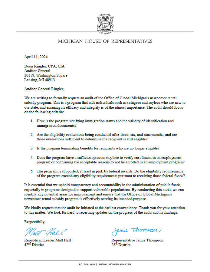 Gov. Whitmer still won't give Michiganders answers about her program that offers rent subsidies to people who got caught in the country illegally and then claimed asylum. Today, @repjthompson and I sent a letter to the auditor general to get the truth.