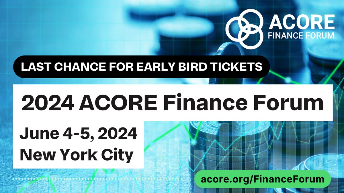 Tomorrow, April 12, is the last day to purchase early bird tickets! 🎟️ With over 70% of attendees working at the C-suite, VP, or Director level, the #ACOREFinanceForum is a unique opportunity to invest in your network. Register now! acore.org/FinanceForum?u…